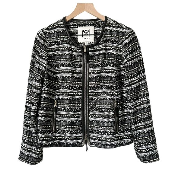 Milly Tweed Zip Up Blazer in Black and White Size 10 - Picture 1 of 8